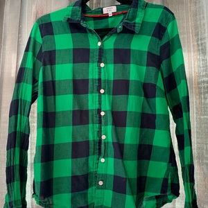 Navy and green button down shirt.